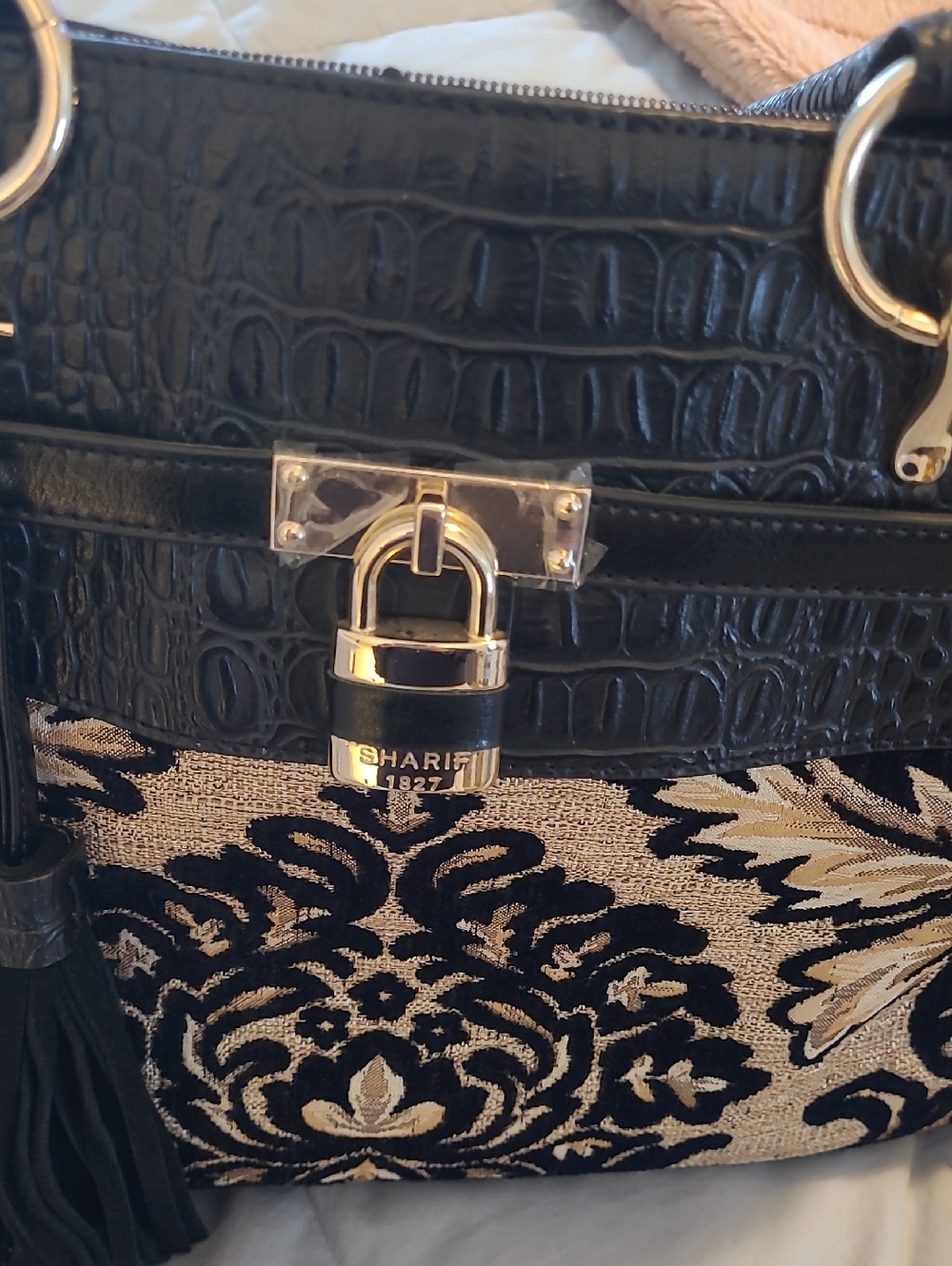 Sharif Black Croc-Embossed Tote with Gold Lock & Brocade Panel